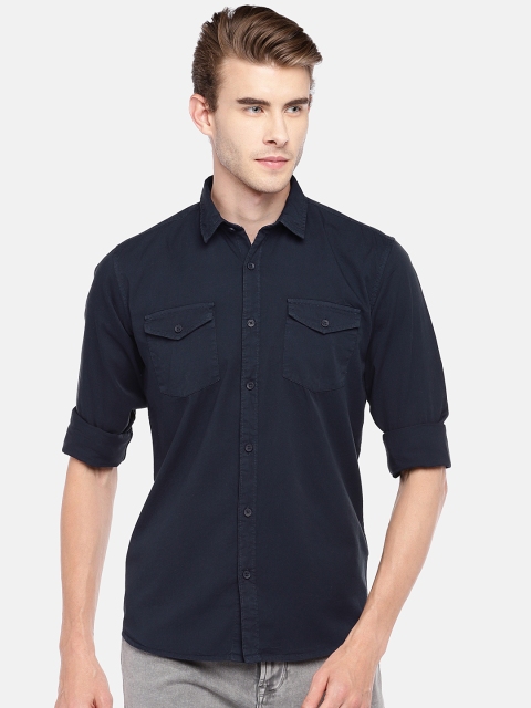 

Globus Men Navy Blue Regular Fit Solid Casual Shirt