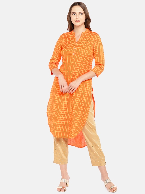 

Globus Women Orange Checked Straight Kurta
