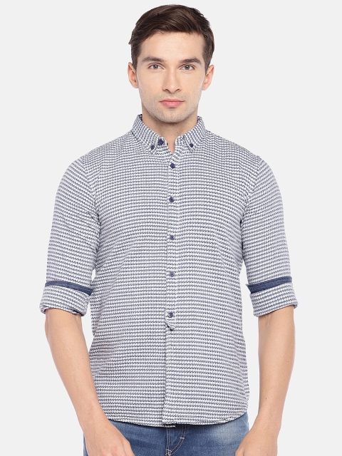

Globus Men White & Blue Regular Fit Self Design Casual Shirt