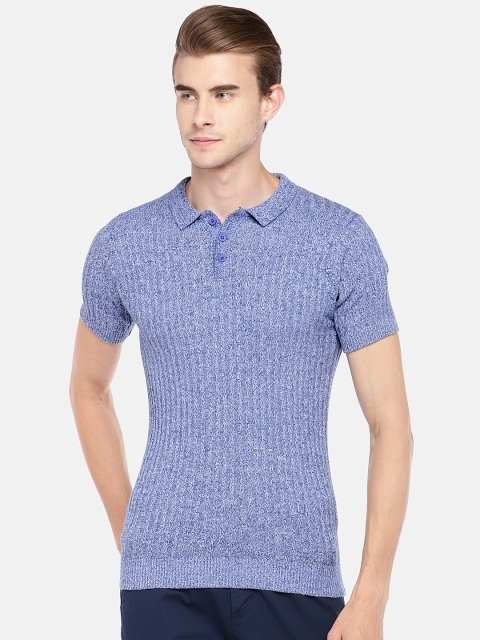 

Globus Men Blue Self Design Polo Collar T-shirt
