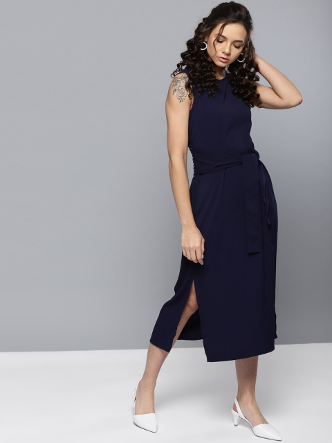 

VividArtsy Women Navy Blue Solid Midi A-Line Dress