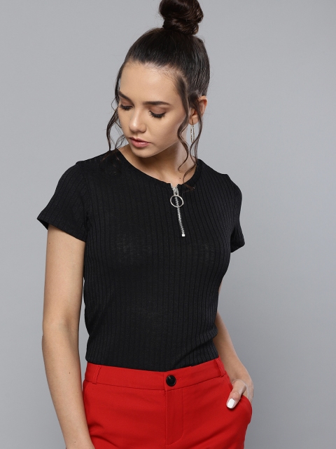 

VividArtsy Women Black Self-Striped Top