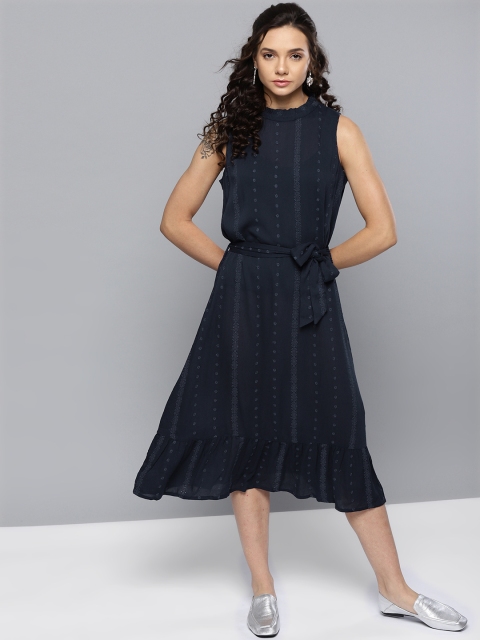 

VividArtsy Women Navy Blue Embroidered Midi A-Line Dress