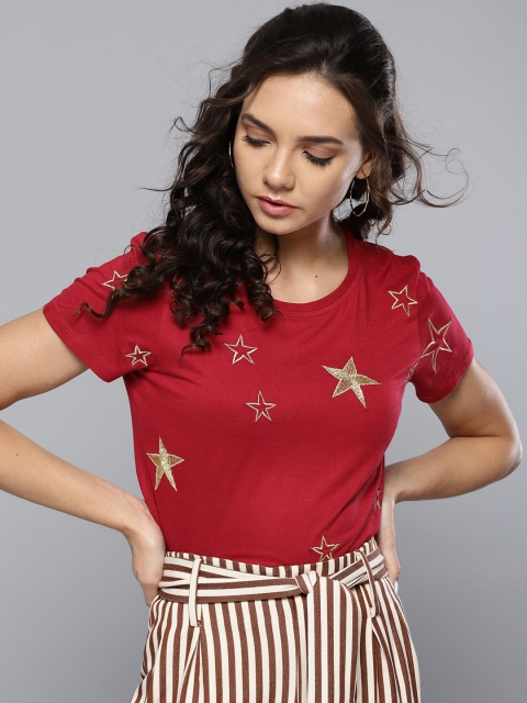 

VividArtsy Women Red Embroidered Detail Round Neck T-shirt