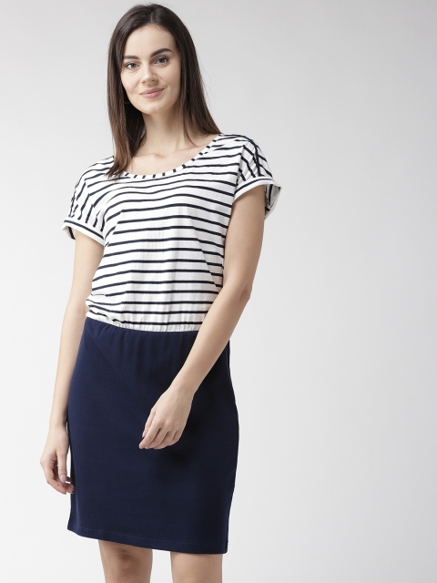 

Marks & Spencer Women White & Navy Striped Sheath Dress