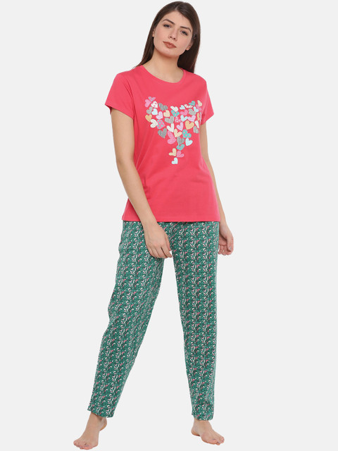 

Ellete Women Red & Teal Green Printed Night Suit EPJ028