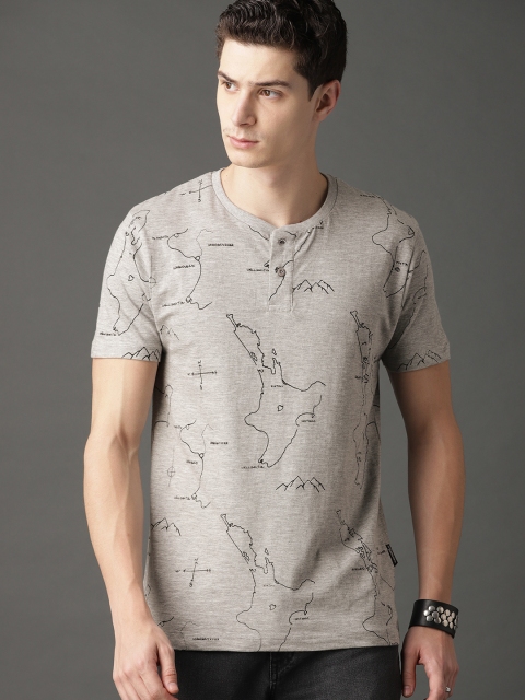 

The Roadster Lifestyle Co Men Grey Melange All Over Print Henley T-shirt
