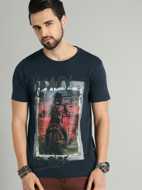 

The Roadster Lifestyle Co Men Navy Blue Printed Round Neck Pure Cotton T-shirt