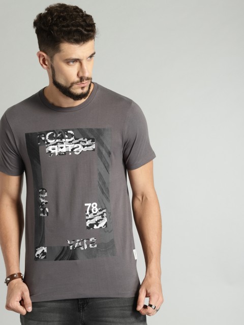 

Roadster Men Grey Printed Round Neck T-shirt