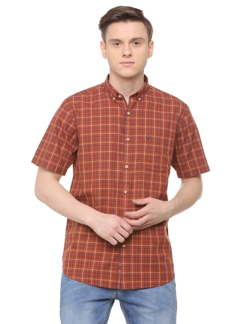 

Allen Solly Men Rust Brown & Blue Slim Fit Checked Casual Shirt