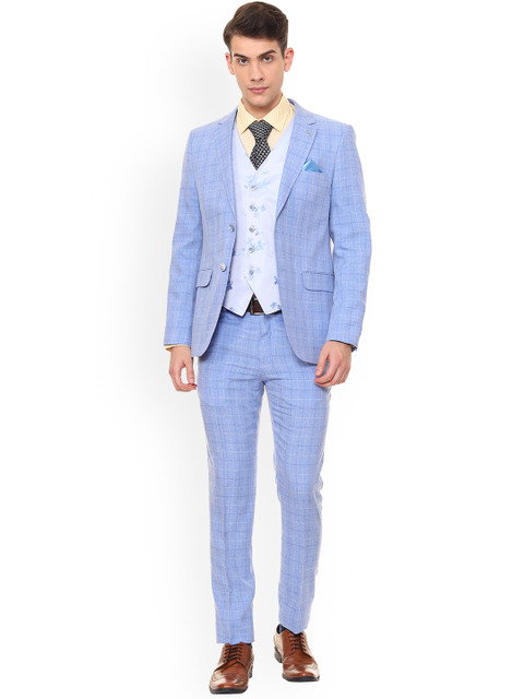 

Van Heusen Men Blue Checked Single-Breasted Three Piece Suit
