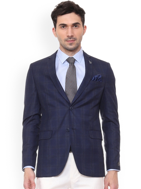 

Van Heusen Men Navy Blue Checked Slim-Fit Single-Breasted Blazer