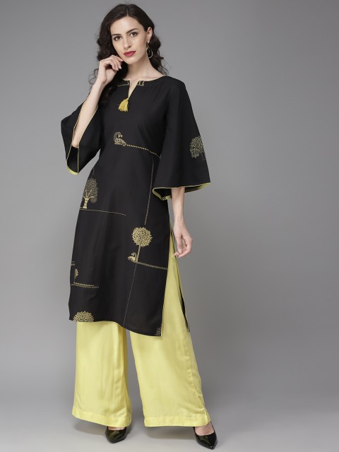 

Moda Rapido Women Black & Green Printed Straight Kurta