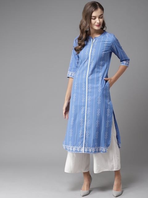 

Moda Rapido Women Blue & White Printed Straight Kurta