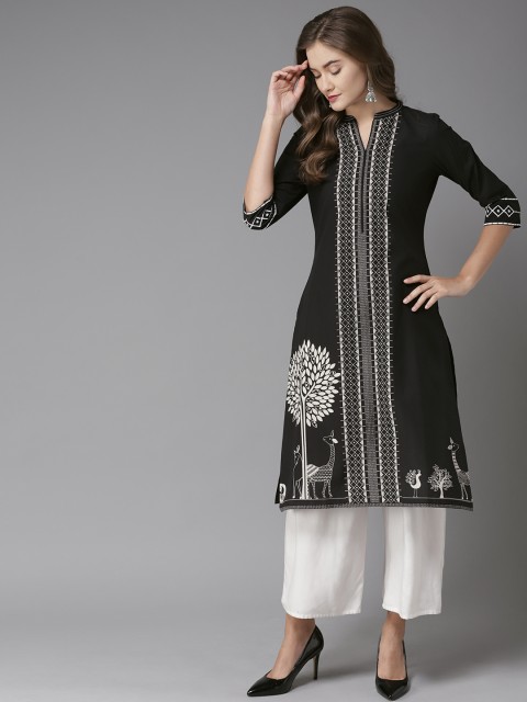 

Moda Rapido Women Black & White Printed Straight Kurta