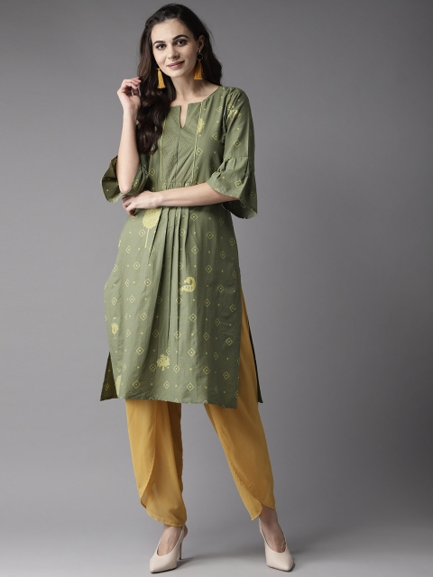 

Moda Rapido Women Olive Green & Yellow Printed Straight Kurta