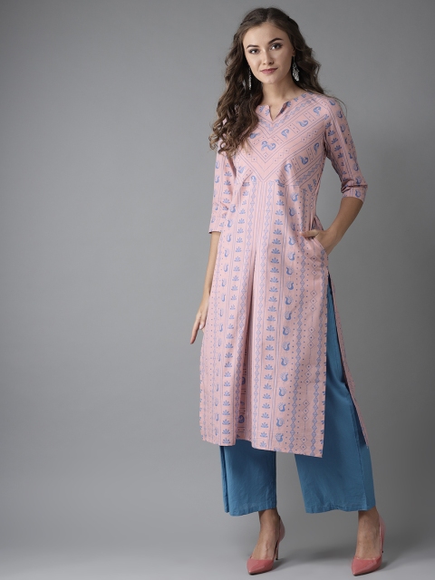 

Moda Rapido Women Pink & Blue Printed Straight Kurta