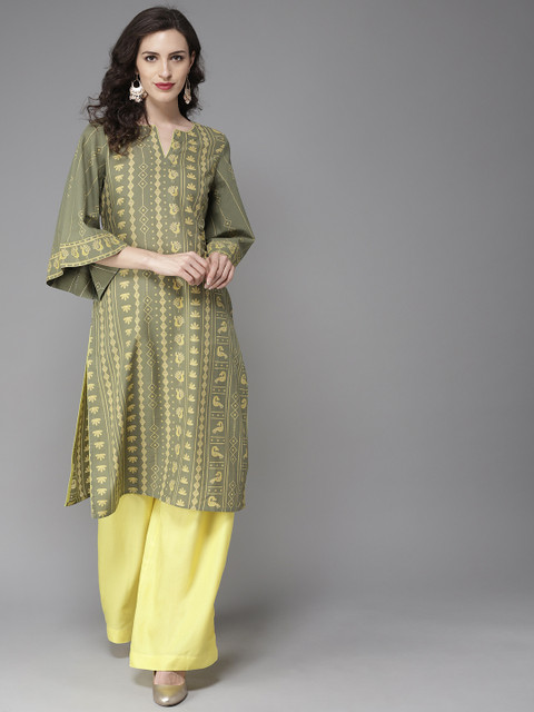 

Moda Rapido Women Green & Yellow Printed Straight Kurta