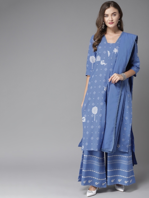 

Moda Rapido Women Blue & White Printed Kurta with Palazzos & Dupatta