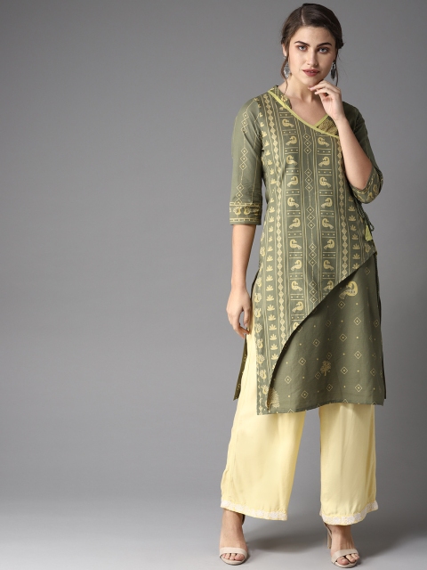 

Moda Rapido Women Green & Mustard Yellow Printed Angrakha Straight Kurta