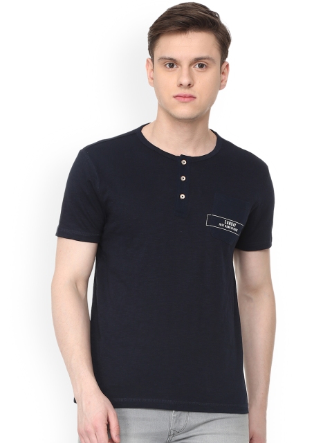 

People Men Navy Blue Solid Henley Neck T-shirt