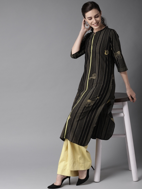 

Moda Rapido Women Black & Green Striped Straight Kurta