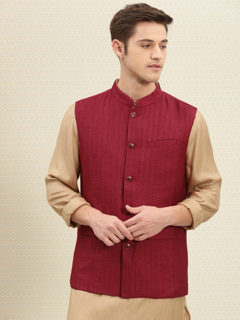 

House of Pataudi Men Maroon Pleated Nehru Jacket