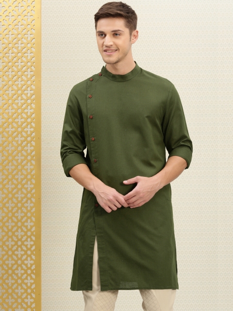 

House of Pataudi Men Olive Green Solid Straight Kurta