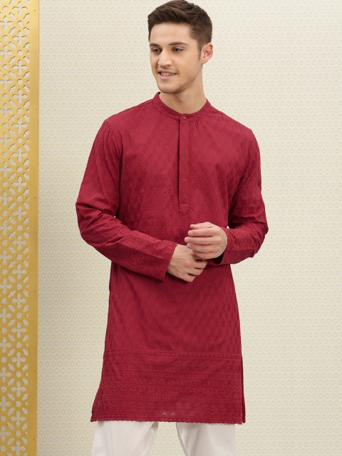 

House of Pataudi Men Maroon Chikankari Embroidered Straight Kurta