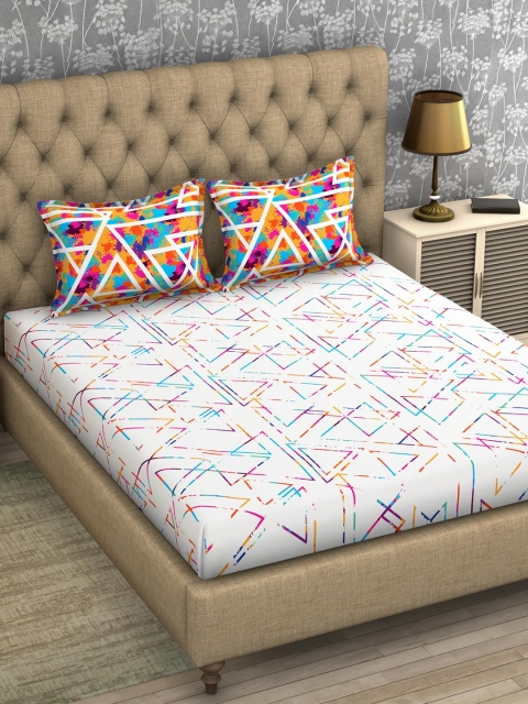 

SPACES White & Red Geometric 210 TC Cotton 1 Queen Bedsheet with 2 Pillow Covers