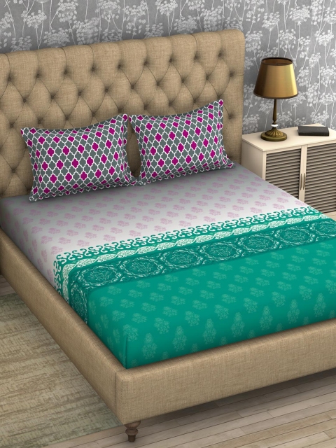 

SPACES Green & Grey Ethnic Motifs 210 TC Cotton 1 Queen Bedsheet with 2 Pillow Covers