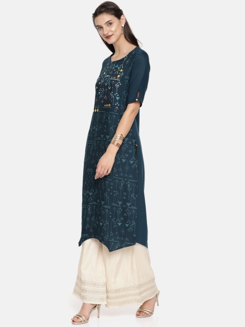 

Span Women Blue Printed Straight Kurta