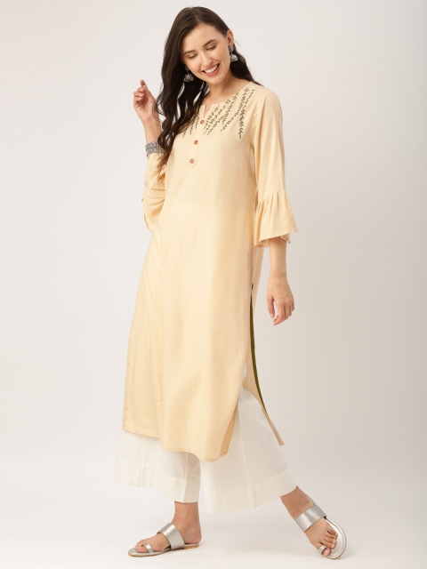 

IndusDiva Infusions Women Cream-Coloured Solid Straight Kurta