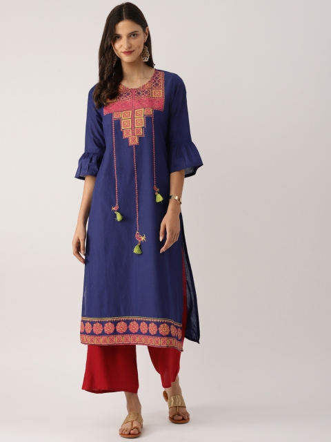 

IndusDiva Infusions Women Blue Yoke Design Straight Kurta