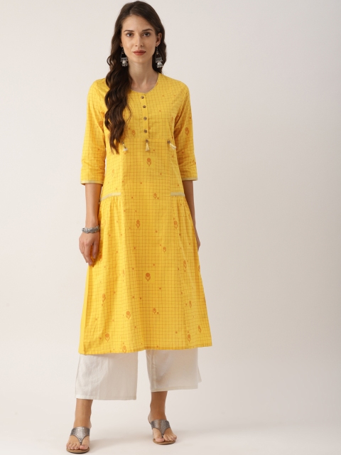 

IndusDiva Infusions Women Yellow Checked A-Line Kurta