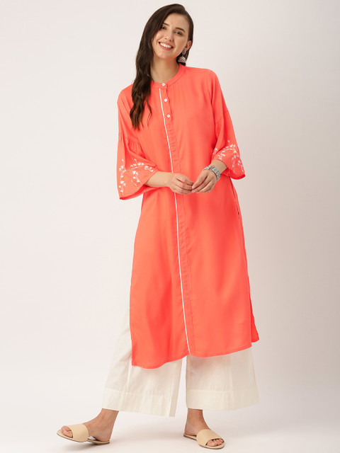 

IndusDiva Infusions Women Coral Orange Solid Straight Kurta, Peach