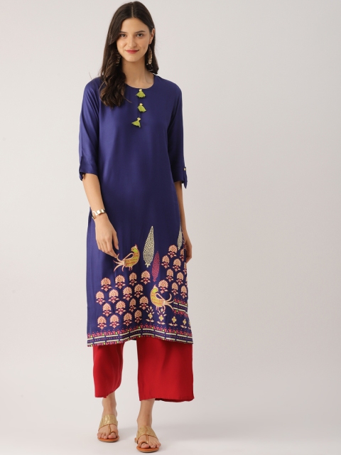 

IndusDiva Infusions Women Navy Blue Printed Straight Kurta