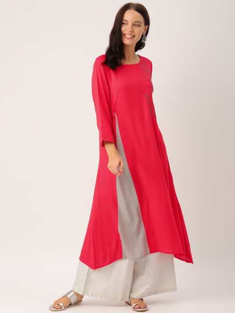 

IndusDiva Infusions Women Coral Red & Grey Solid Asymmetric A-Line Kurta