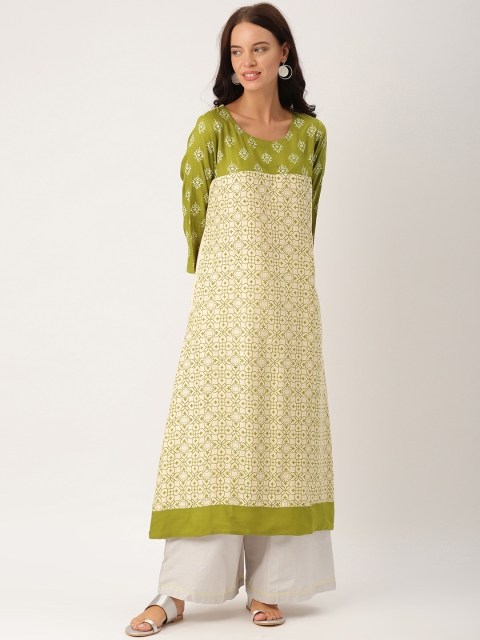 

IndusDiva Infusions Women Beige & Green Printed A-Line Kurta