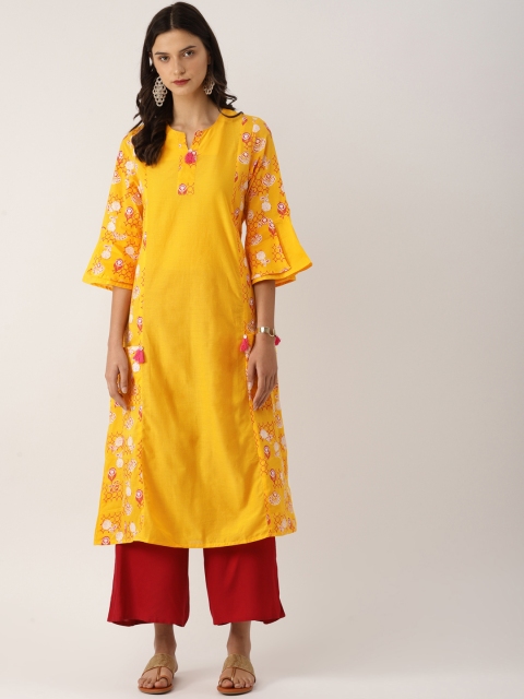 

IndusDiva Infusions Women Yellow Printed Panelled A-Line Kurta