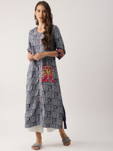 

IndusDiva Infusions Women Navy Blue & White Printed Straight Kurta