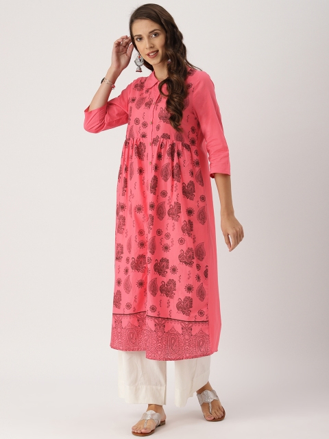 

IndusDiva Infusions Women Peach-Coloured & Black Printed A-Line Kurta, Coral