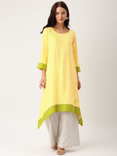 

IndusDiva Infusions Women Yellow & Green Solid Asymmetric A-Line Kurta