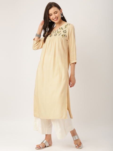 

IndusDiva Infusions Women Cream-Coloured Printed Straight Kurta