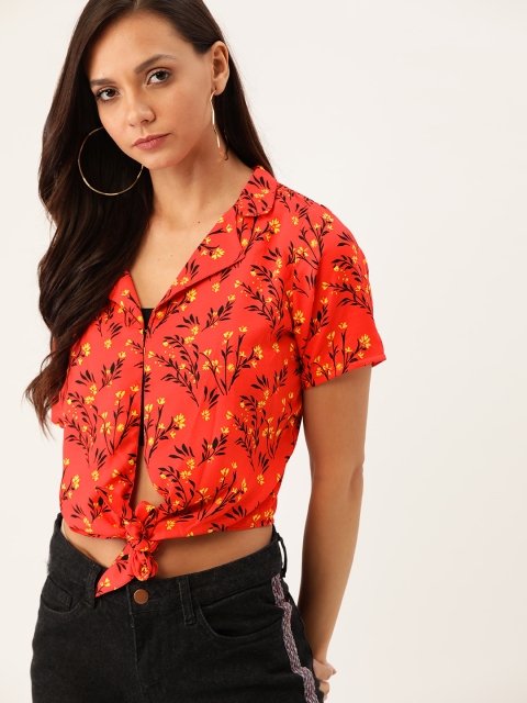 

Moda Rapido Women Red & Black Floral Printed Cropped Tie-Up Top