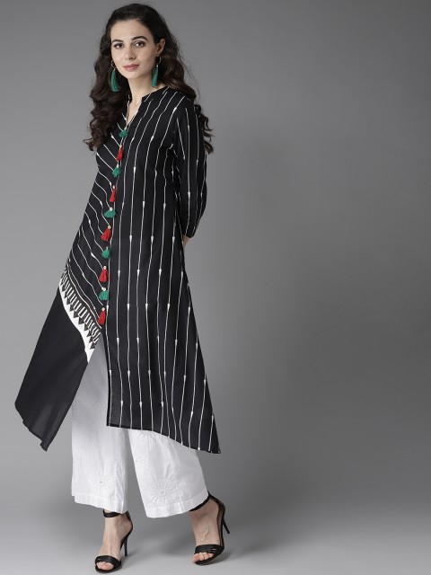 

Moda Rapido Women Black & White Striped Asymmetric A-Line Kurta