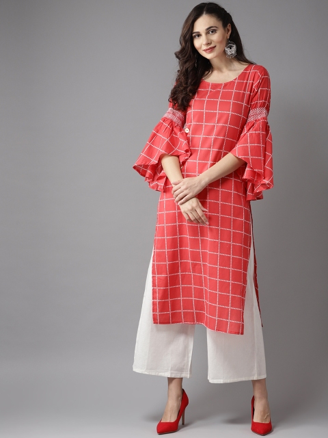 

Moda Rapido Women Red & White Checked Straight Kurta