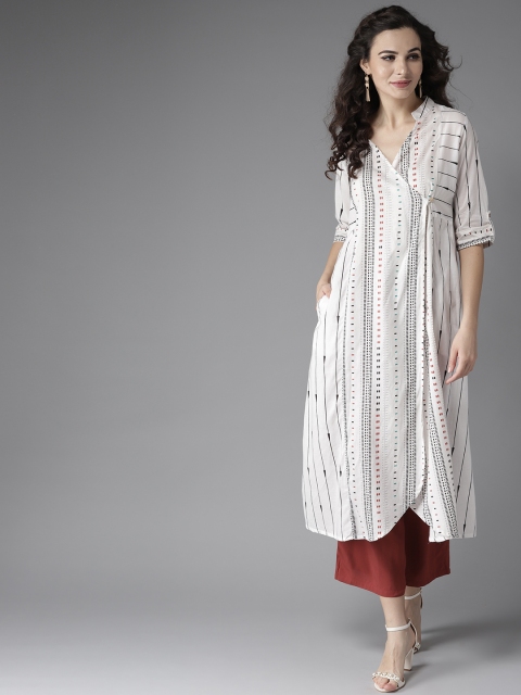 

Moda Rapido Women White & Black Striped Angrakha A-Line Kurta