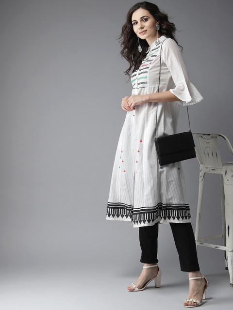 

Moda Rapido Women White & Grey Printed A-Line Kurta