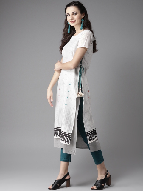 

Moda Rapido Women White & Grey Striped Layered Straight Kurta